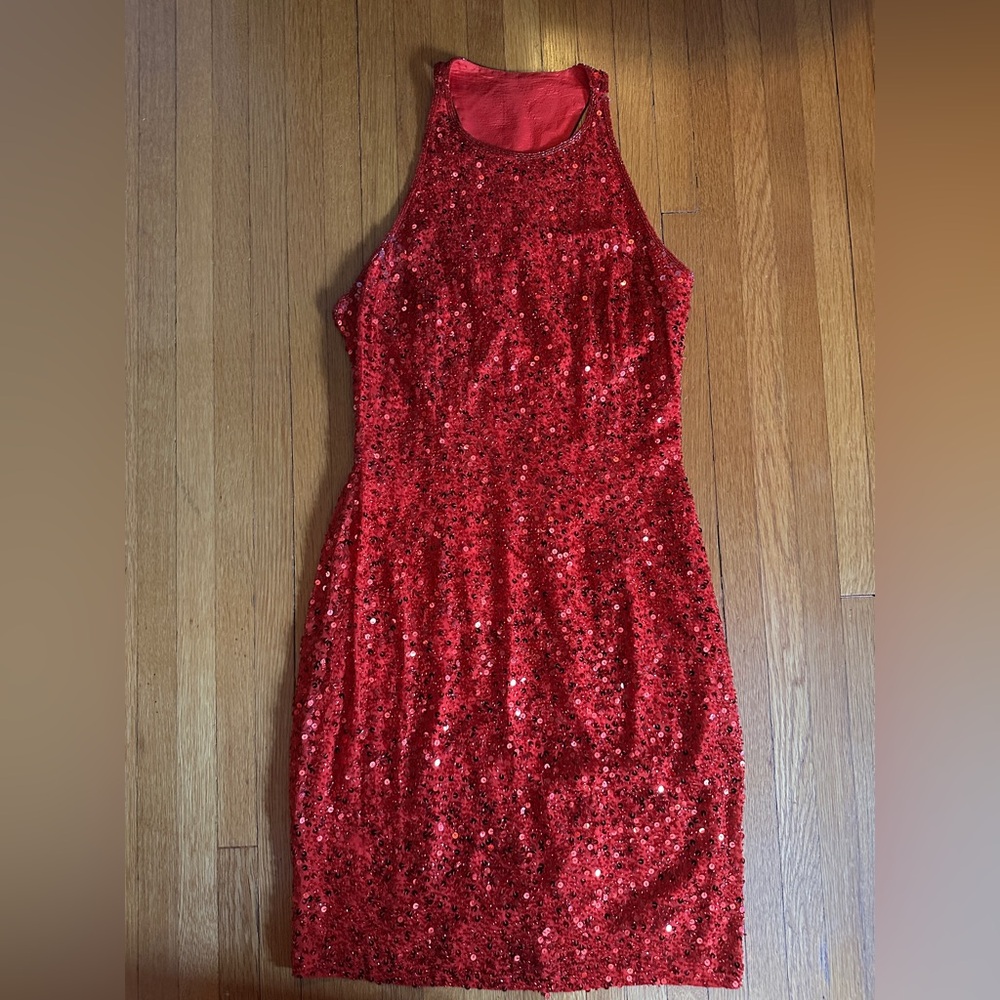 Vtg Oleg Cassini Black Tie Red Silk Sequin and Beaded Halter Dress, Unsized (S)